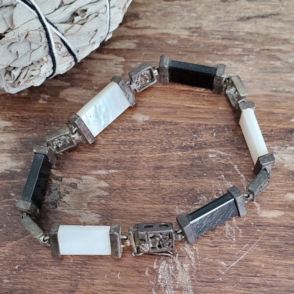 vintage metal black white gem boho asian bracelet